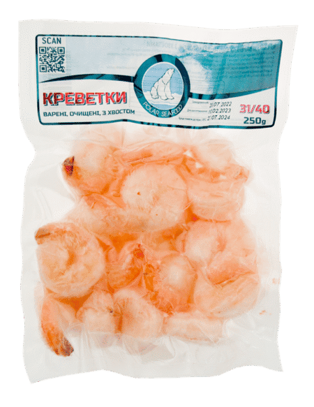 Креветка Vannamei чищена, з хвостом, варена, 31/40, 250г